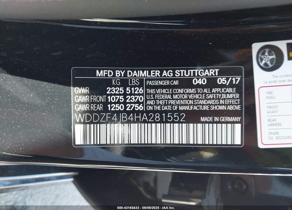 2017 MERCEDES-BENZ E-CLASS VIN: WDDZF4JB4HA281552
