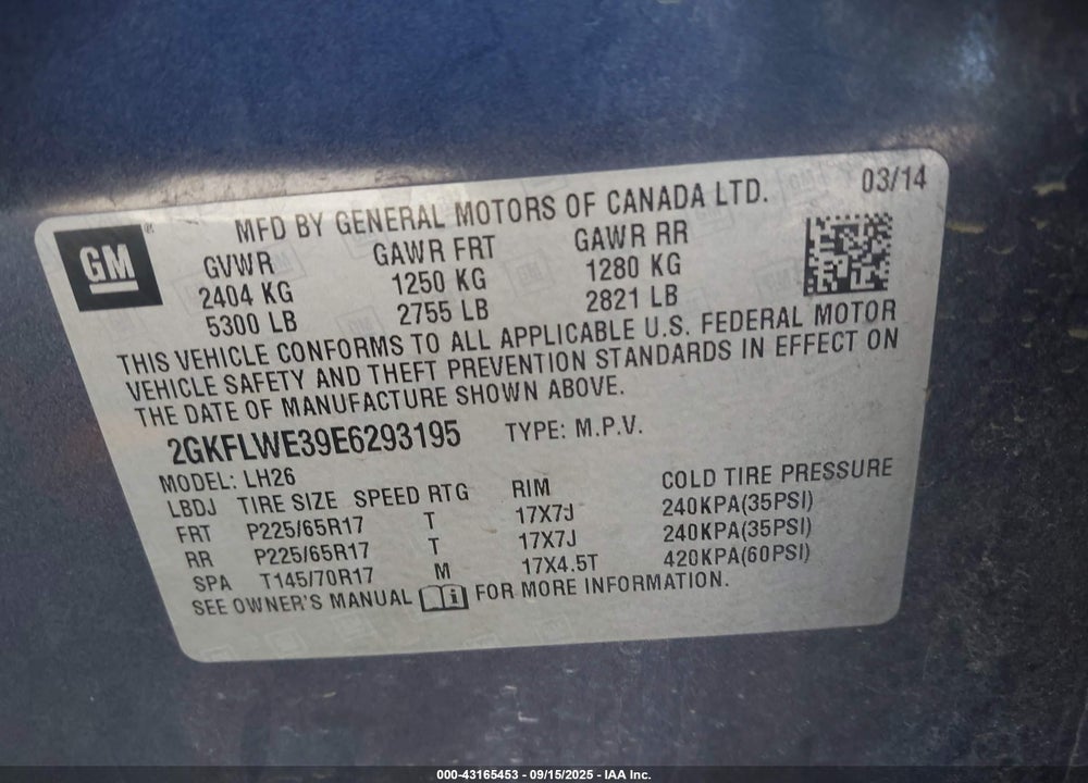 2014 GMC TERRAIN SLE-2 VIN: 2GKFLWE39E6293195