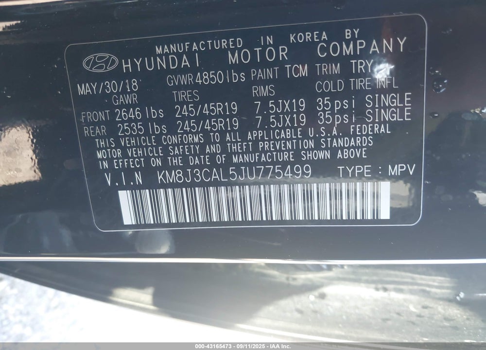 2018 HYUNDAI TUCSON SPORT VIN: KM8J3CAL5JU775499