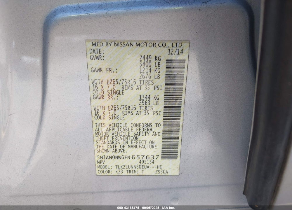2015 NISSAN XTERRA PRO - 4X VIN: 5N1AN0NW6FN657637