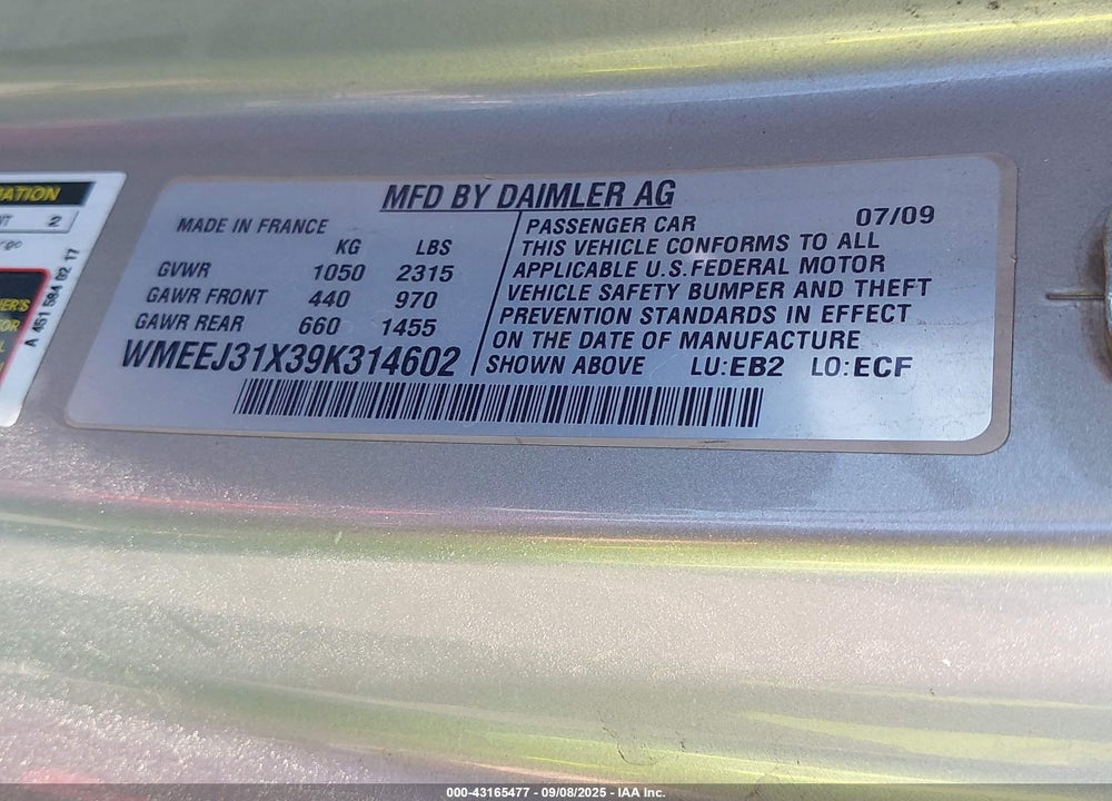 2009 SMART FORTWO VIN: WMEEJ31X39K314602