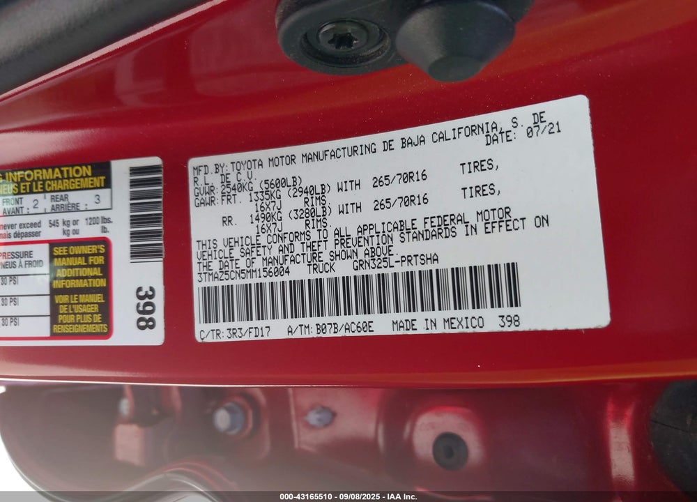 2021 TOYOTA TACOMA TRD OFF ROAD VIN: 3TMAZ5CN5MM156004