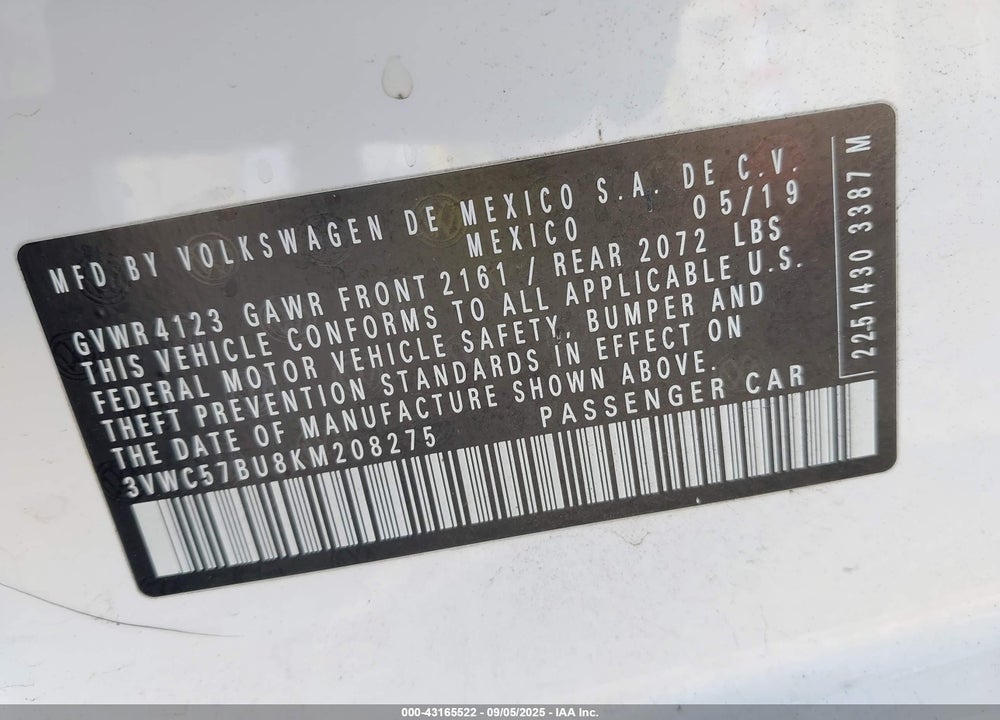 2019 VOLKSWAGEN JETTA 1.4T R-LINE/1.4T S/1.4T SE VIN: 3VWC57BU8KM208275