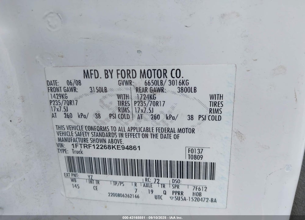 2008 FORD F-150 VIN: 1FTRF12268KE94861
