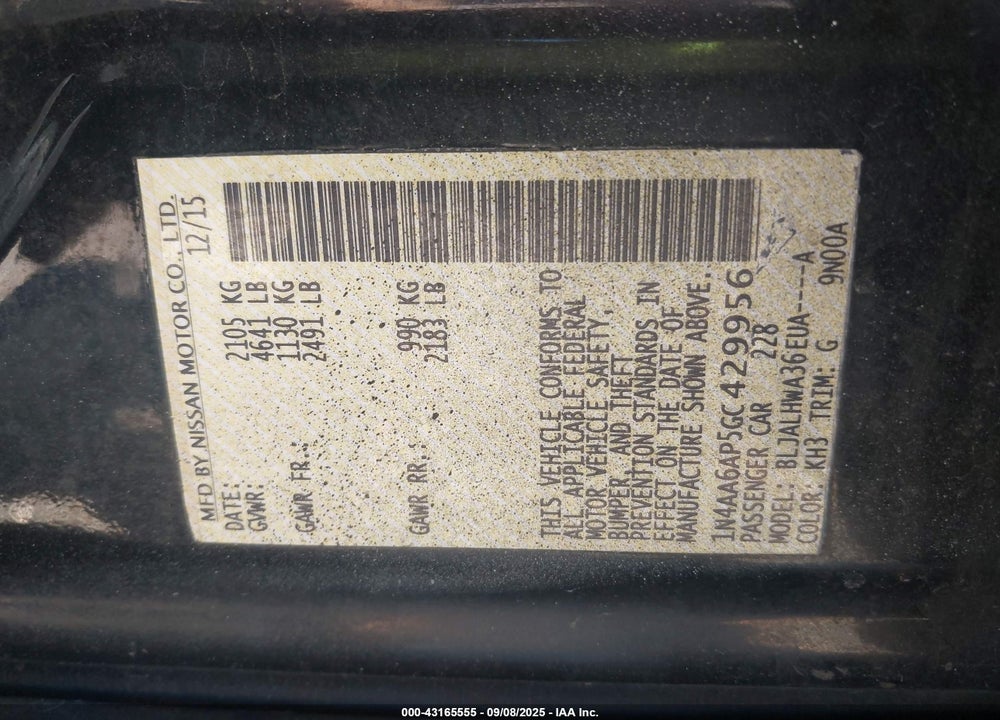 2016 NISSAN MAXIMA VIN: 1N4AA6AP5GC429956