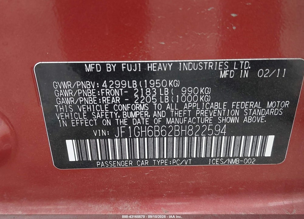 2011 SUBARU IMPREZA VIN: JF1GH6B62BH822594