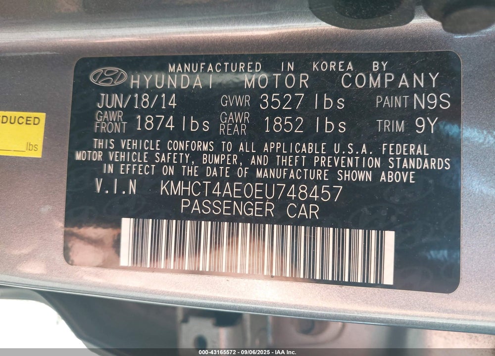 2014 HYUNDAI ACCENT VIN: KMHCT4AE0EU748457