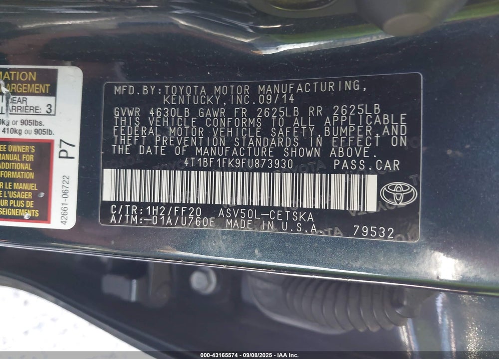 2015 TOYOTA CAMRY VIN: 4T1BF1FK9FU873930