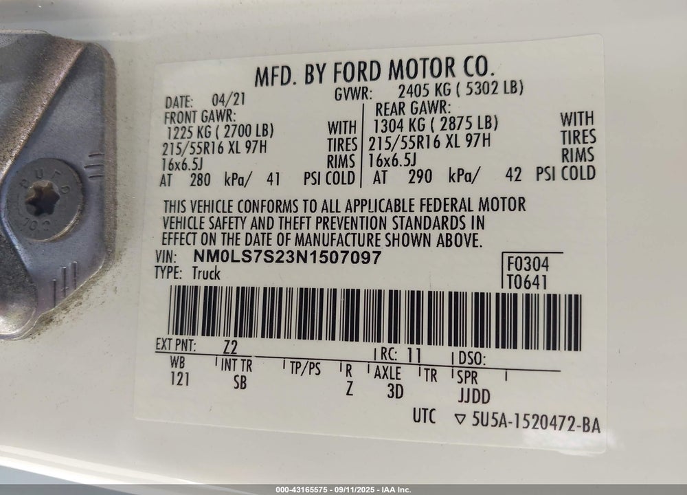 2022 FORD TRANSIT CONNECT XL VIN: NM0LS7S23N1507097