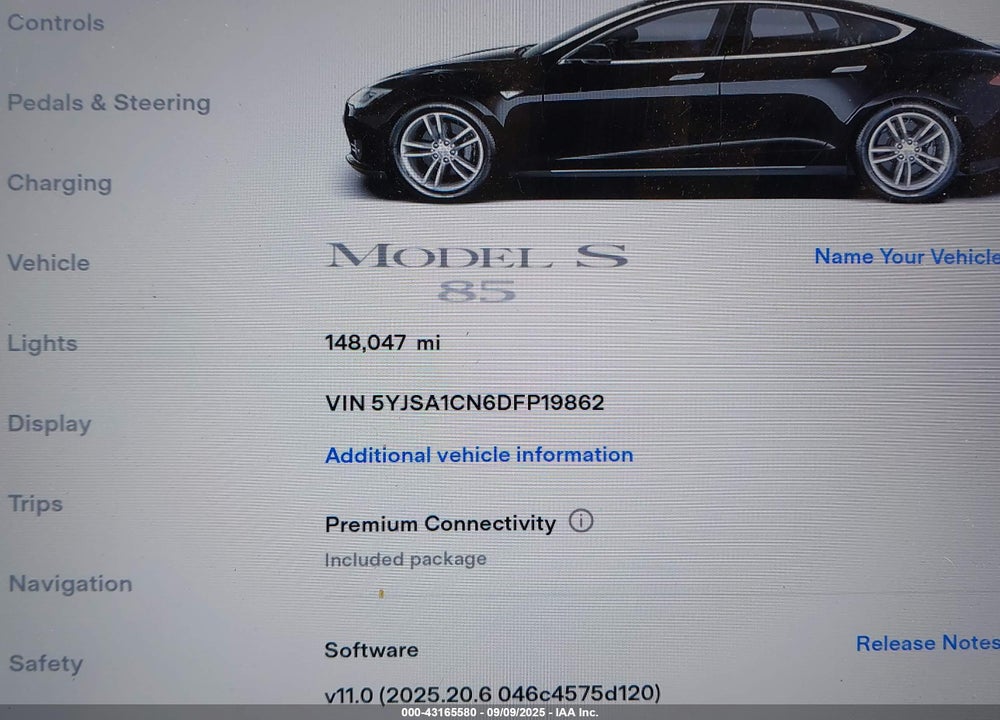 2013 TESLA MODEL S VIN: 5YJSA1CN6DFP19862