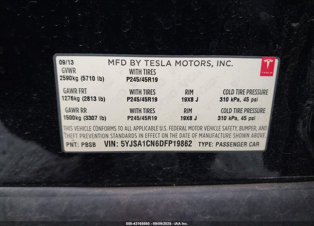 2013 TESLA MODEL S VIN: 5YJSA1CN6DFP19862