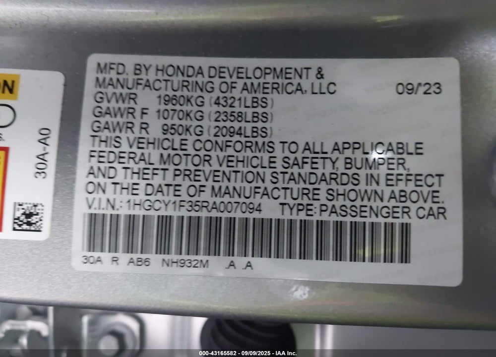 2024 HONDA ACCORD EX VIN: 1HGCY1F35RA007094