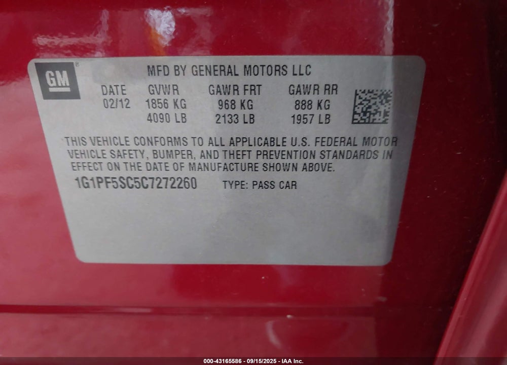 2012 CHEVROLET CRUZE VIN: 1G1PF5SC5C7272260