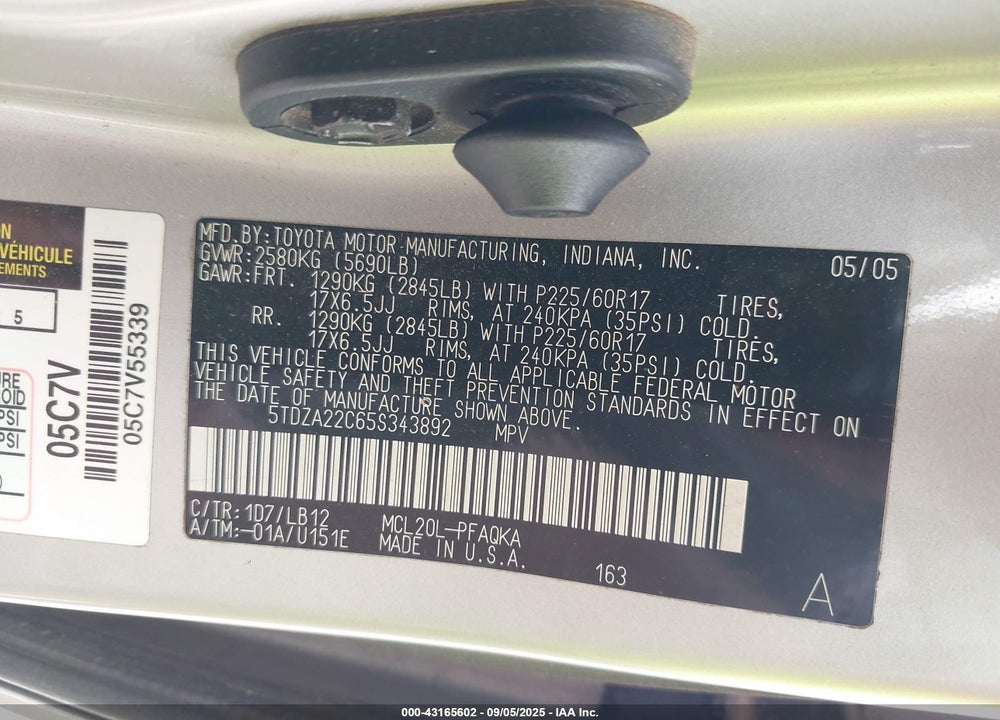 2005 TOYOTA SIENNA XLE LIMITED VIN: 5TDZA22C65S343892