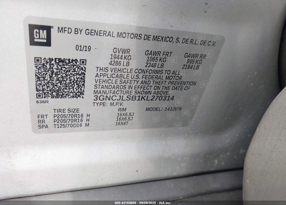 2019 CHEVROLET TRAX LT VIN: 3GNCJLSB1KL270314