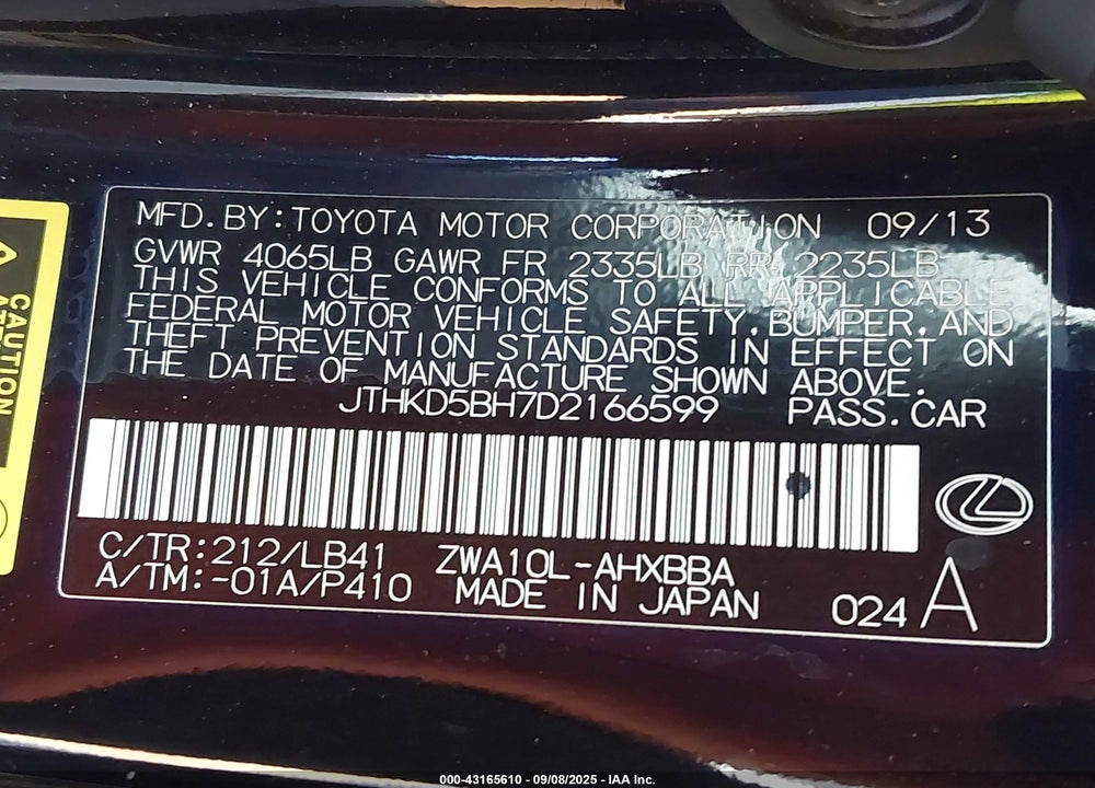 2013 LEXUS CT 200H VIN: JTHKD5BH7D2166599