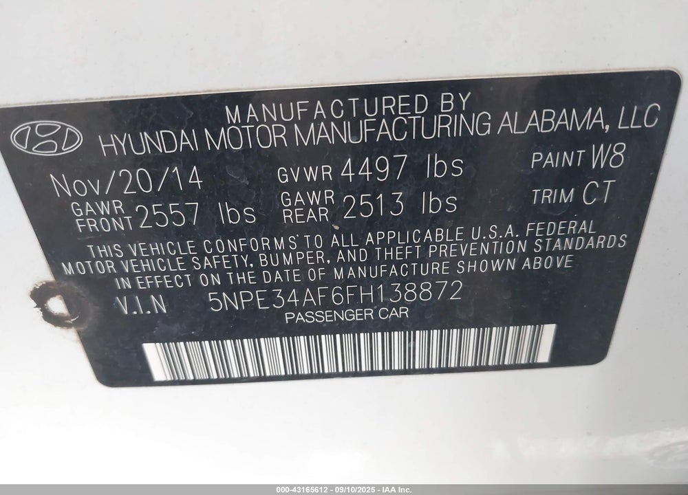 2015 HYUNDAI SONATA VIN: 5NPE34AF6FH138872