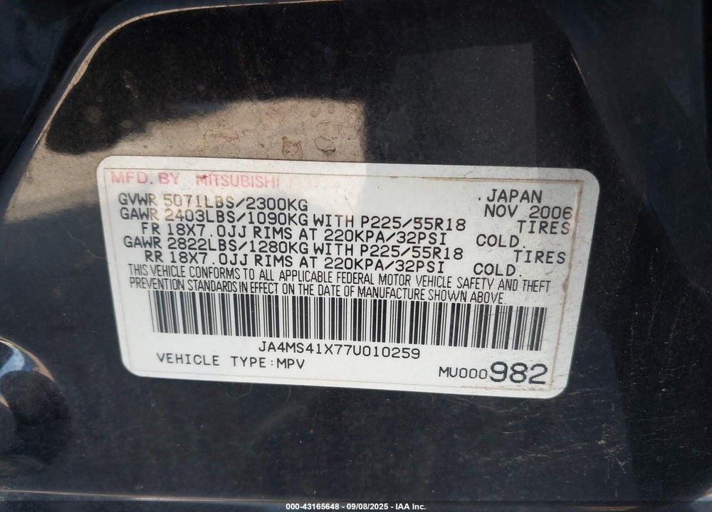 2007 MITSUBISHI OUTLANDER XLS VIN: JA4MS41X77U010259