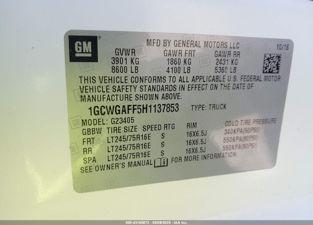 2017 CHEVROLET EXPRESS 2500 VIN: 1GCWGAFF5H1137853