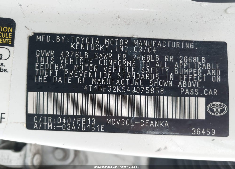 2004 TOYOTA CAMRY LE V6 VIN: 4T1BF32K54U075858