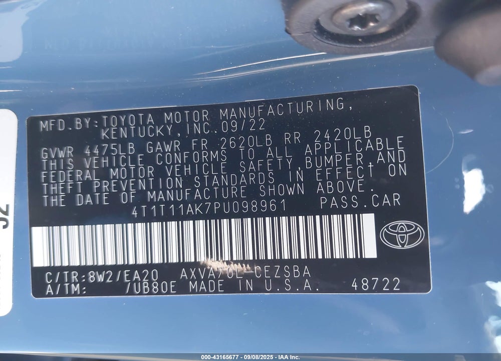 2023 TOYOTA CAMRY VIN: 4T1T11AK7PU098961