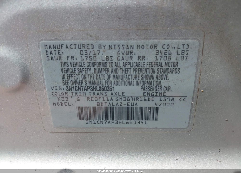 2017 NISSAN VERSA 1.6 S+ VIN: 3N1CN7AP3HL860351