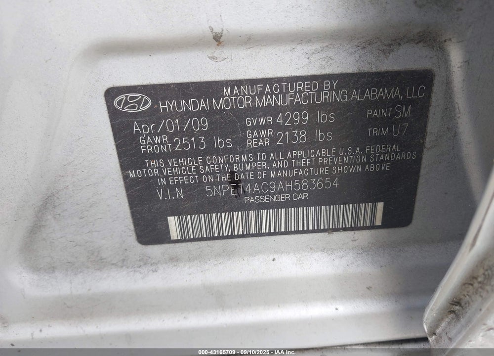2010 HYUNDAI SONATA VIN: 5NPET4AC9AH583654