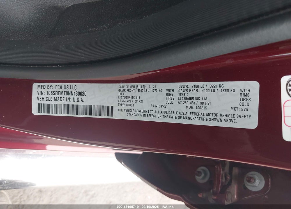 2022 RAM 1500 VIN: 1C6SRFMT0NN130030
