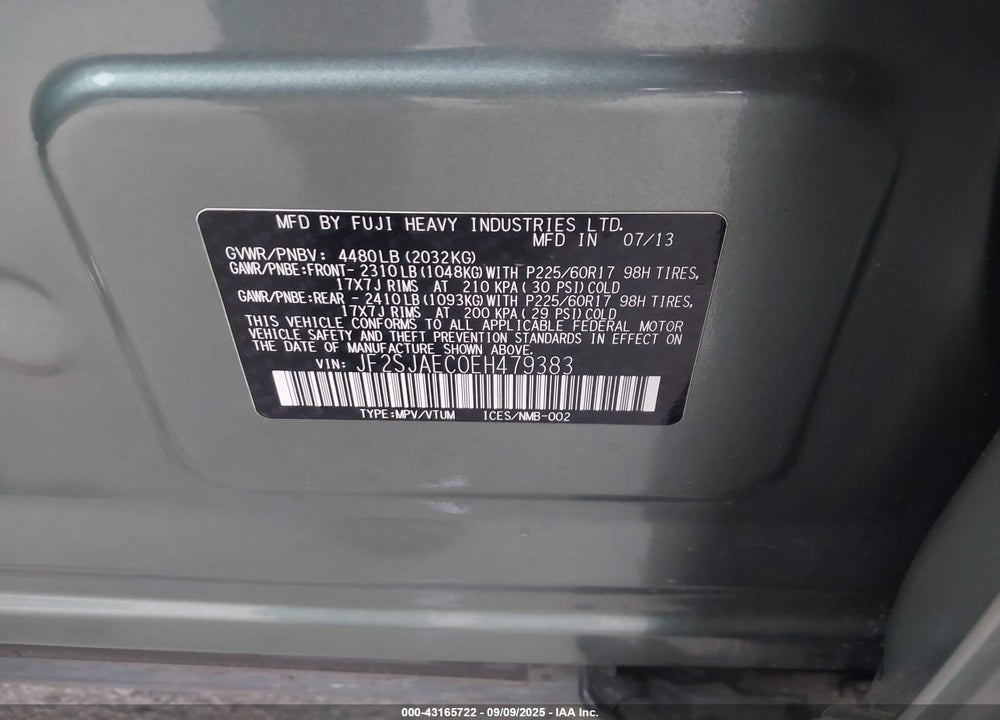 2014 SUBARU FORESTER VIN: JF2SJAEC0EH479383