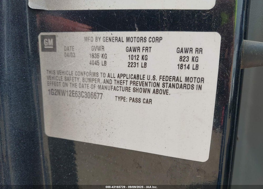 2003 PONTIAC GRAND AM GT VIN: 1G2NW12E63C306677