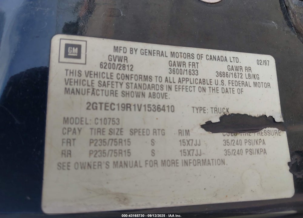 1997 GMC SIERRA 1500 SL WIDESIDE VIN: 2GTEC19R1V1536410
