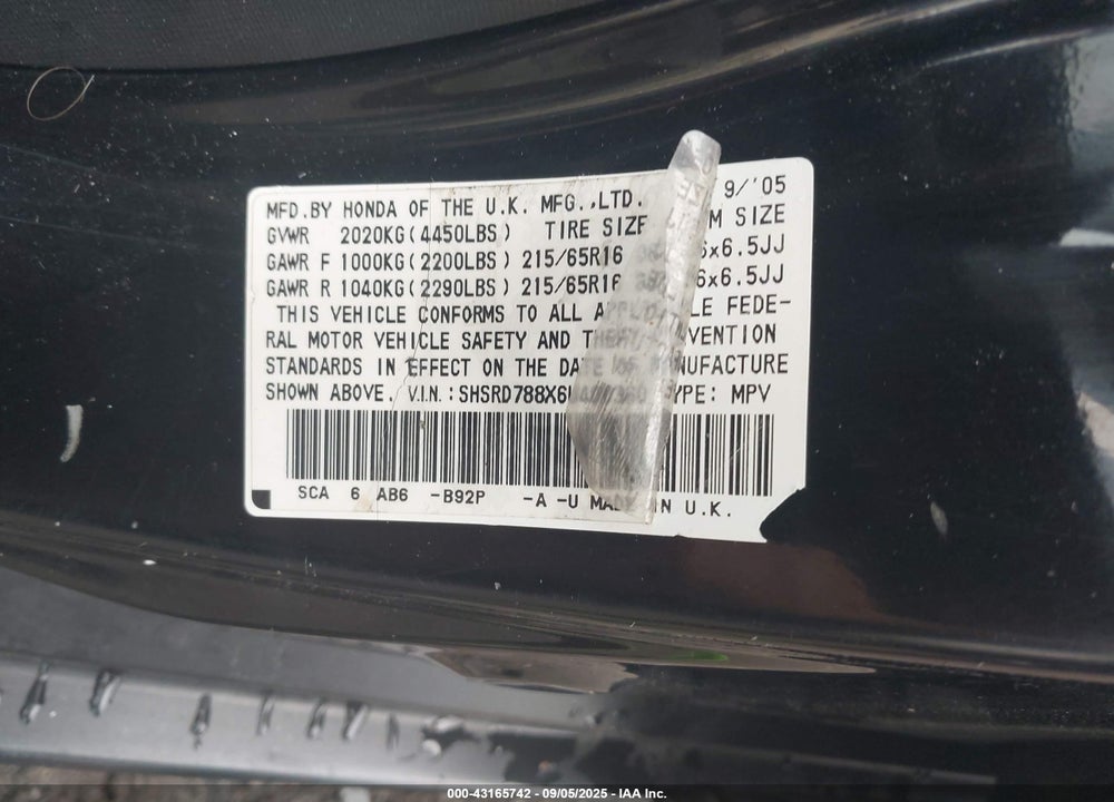 2006 HONDA CR-V EX VIN: SHSRD788X6U400360