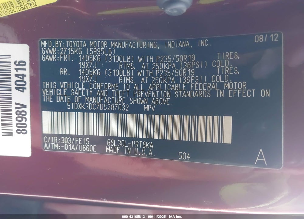 2013 TOYOTA SIENNA SE 8 PASSENGER VIN: 5TDXK3DC7DS287032