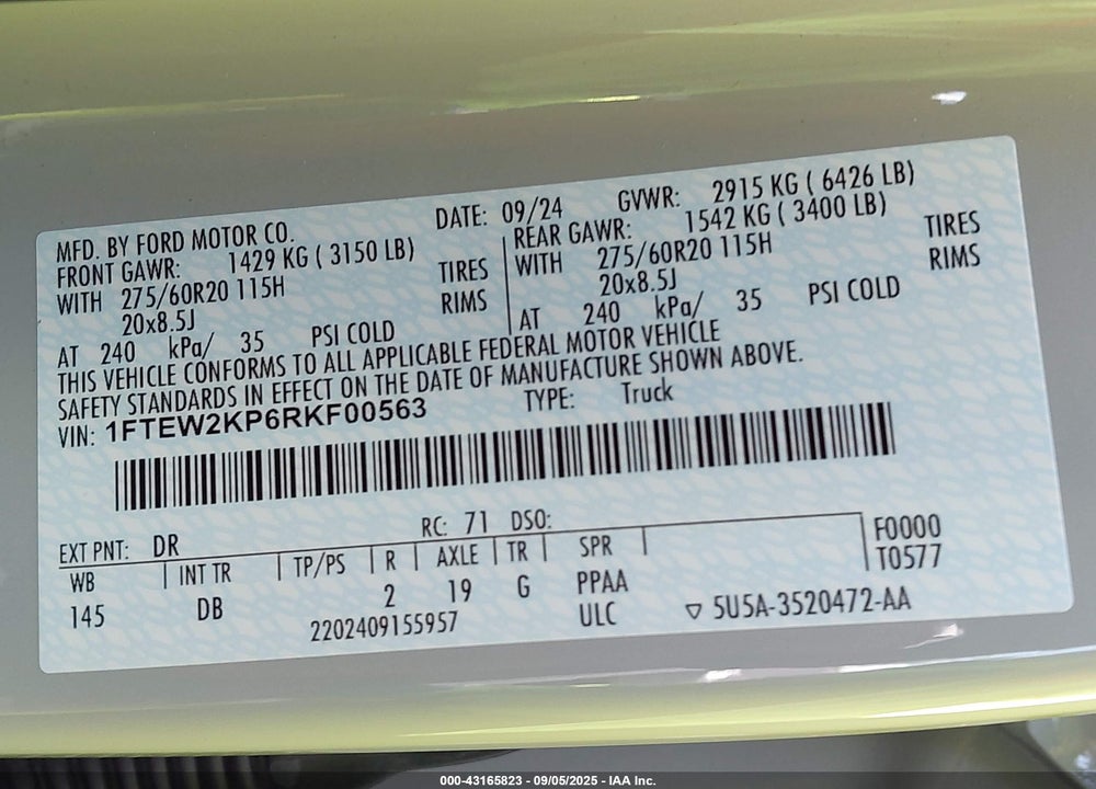 2024 FORD F-150 VIN: 1FTEW2KP6RKF00563