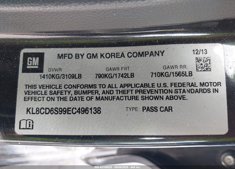 2014 CHEVROLET SPARK 1LT AUTO VIN: KL8CD6S99EC496138