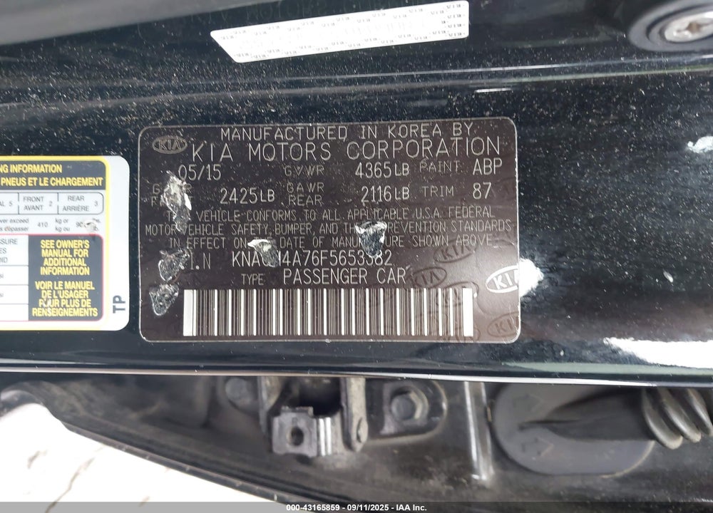2015 KIA OPTIMA VIN: KNAGM4A76F5653382