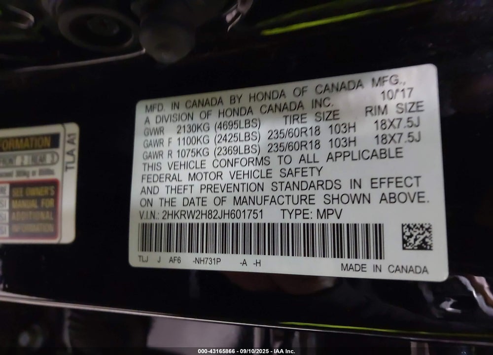 2018 HONDA CR-V EX-L/EX-L NAVI VIN: 2HKRW2H82JH601751