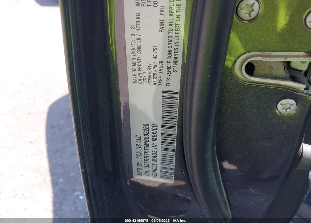 2021 RAM 1500 VIN: 3C6RR7KT5MG592260