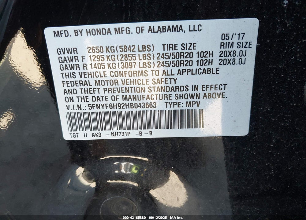 2017 HONDA PILOT VIN: 5FNYF6H92HB043663
