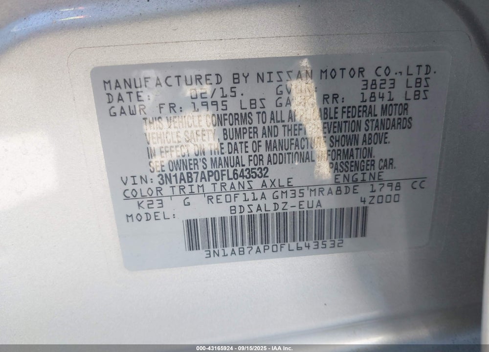 2015 NISSAN SENTRA VIN: 3N1AB7AP0FL643532
