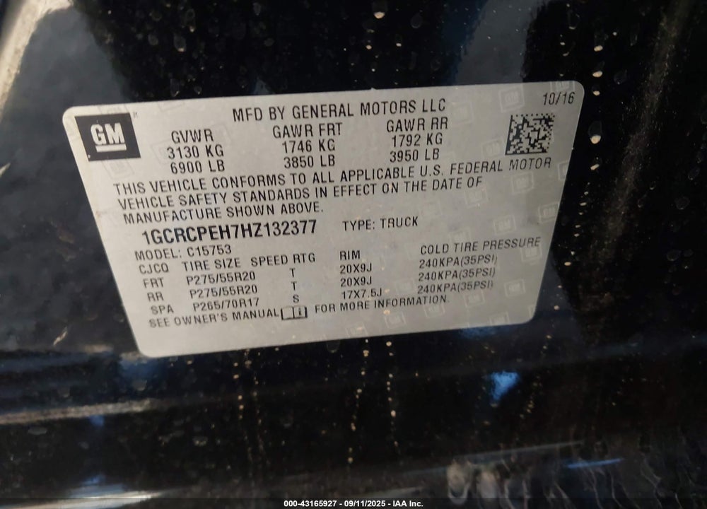 2017 CHEVROLET SILVERADO 1500 VIN: 1GCRCPEH7HZ132377