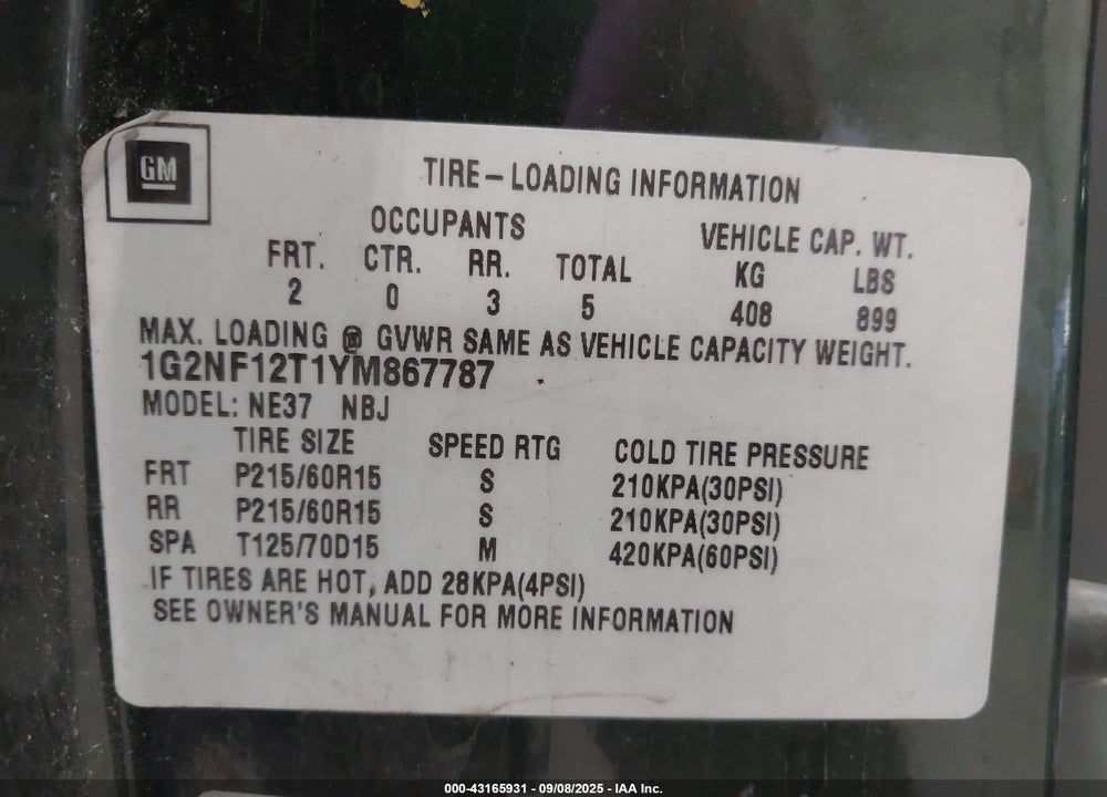 2000 PONTIAC GRAND AM SE1 VIN: 1G2NF12T1YM867787
