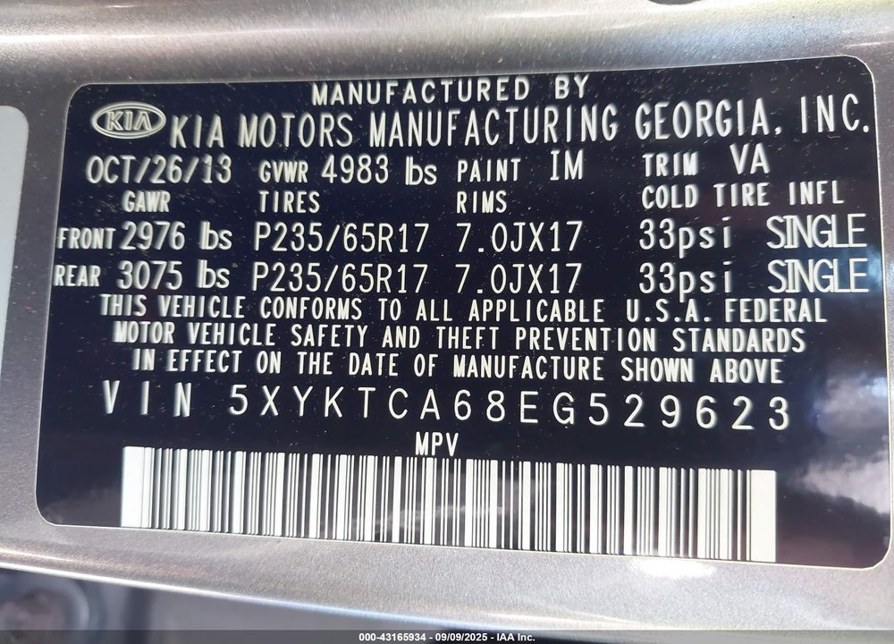 2014 KIA SORENTO VIN: 5XYKTCA68EG529623