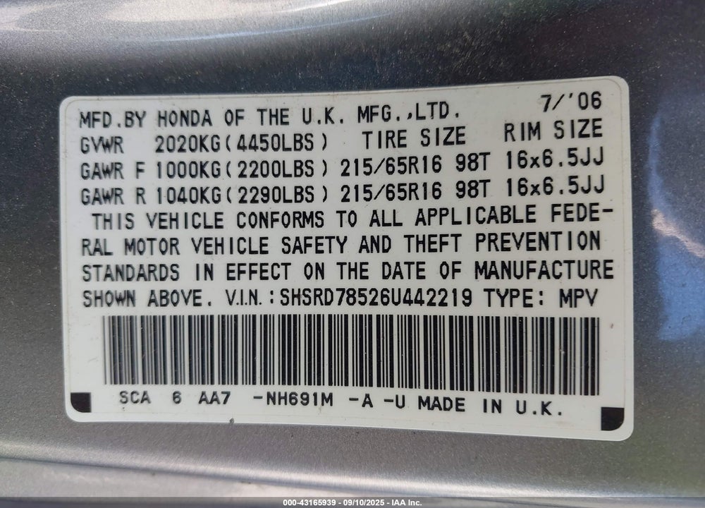 2006 HONDA CR-V VIN: SHSRD78526U442219