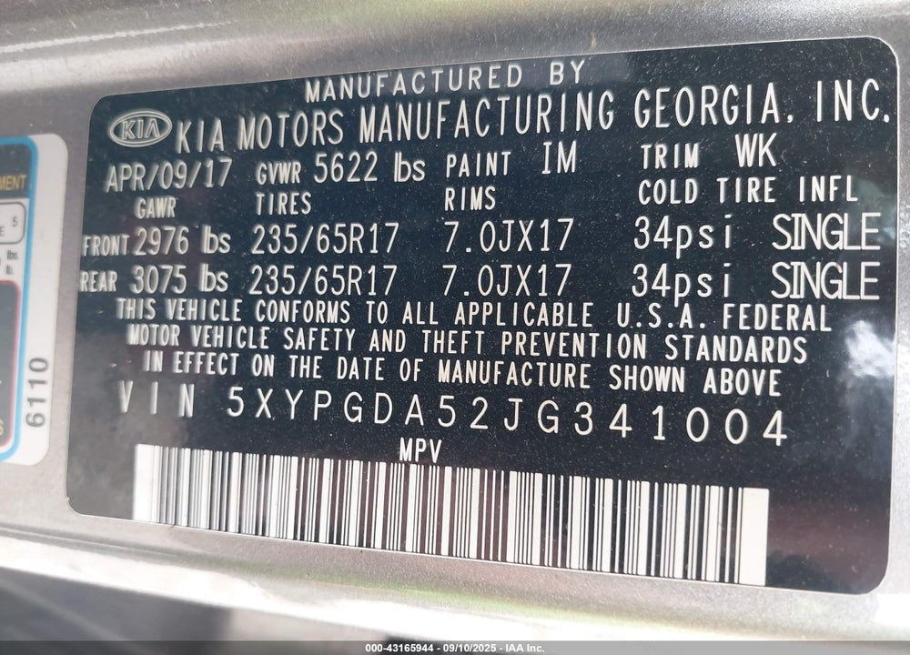 2018 KIA SORENTO VIN: 5XYPGDA52JG341004