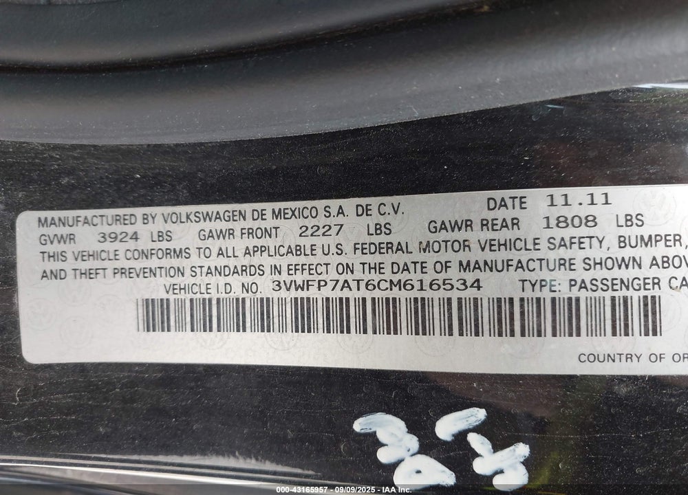 2012 VOLKSWAGEN BEETLE VIN: 3VWFP7AT6CM616534