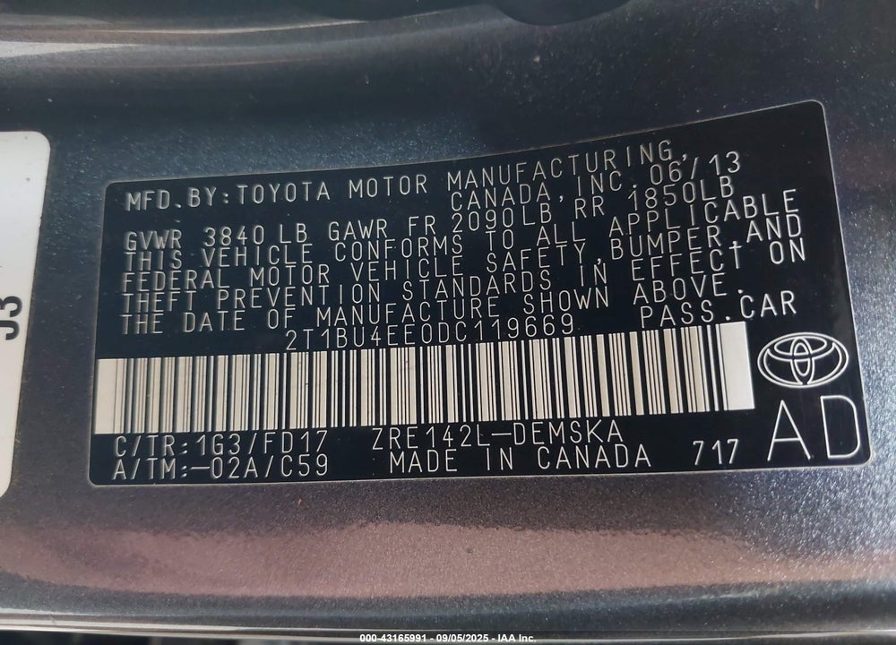 2013 TOYOTA COROLLA VIN: 2T1BU4EE0DC119669
