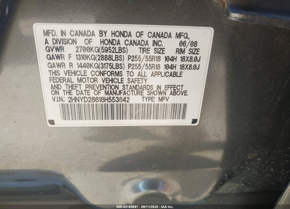 2008 ACURA MDX TECHNOLOGY PACKAGE VIN: 2HNYD28618H553642