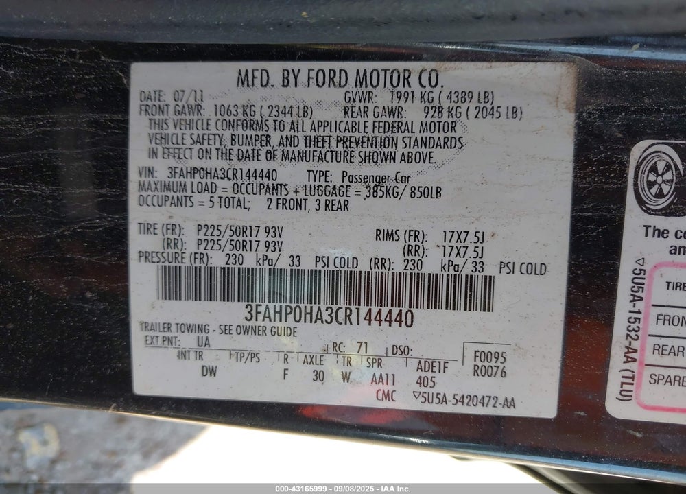 2012 FORD FUSION VIN: 3FAHP0HA3CR144440