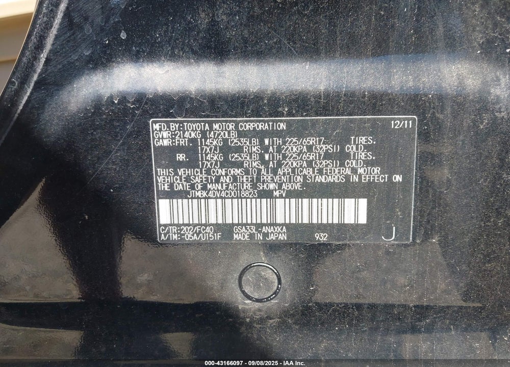 2012 TOYOTA RAV4 VIN: JTMBK4DV4CD018823